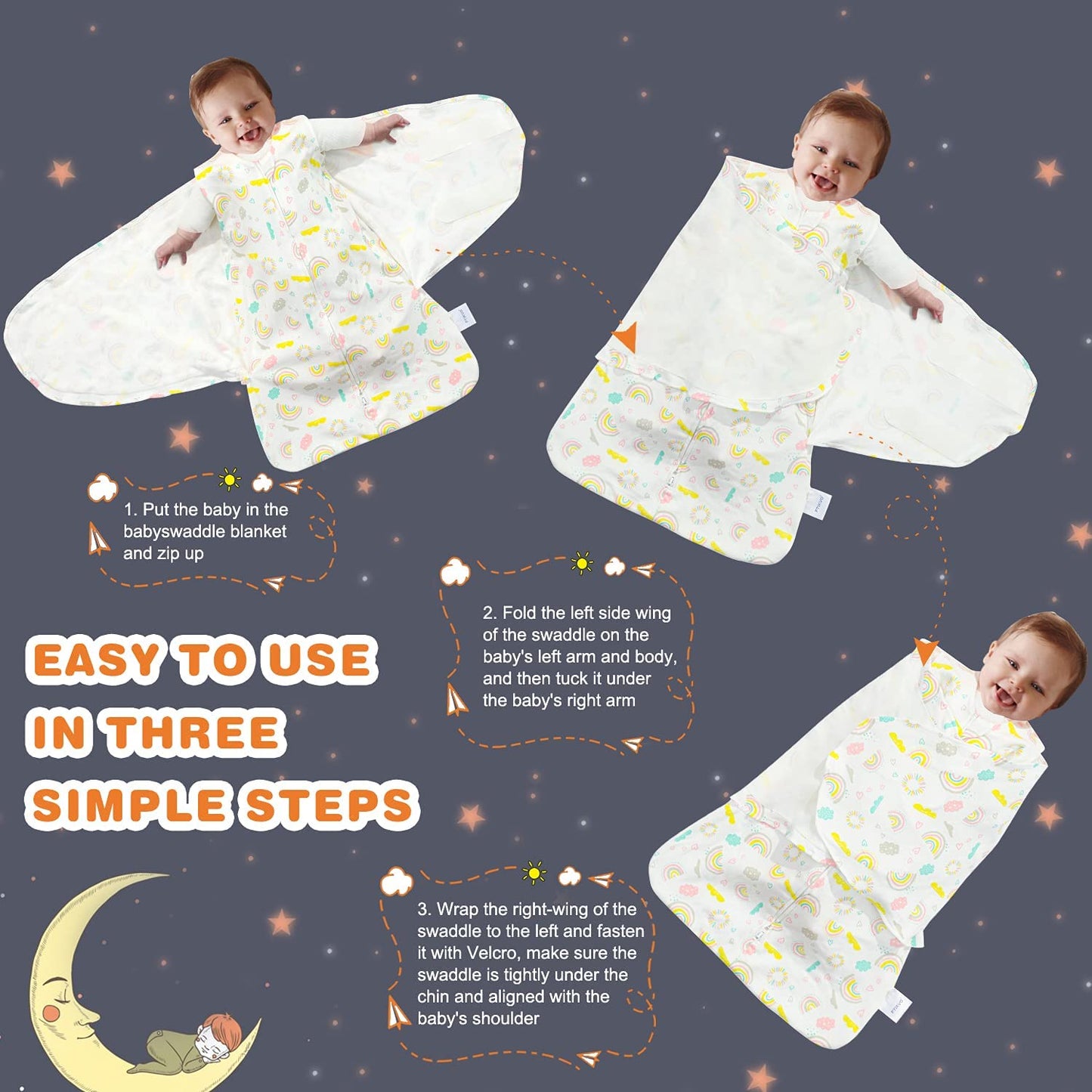 Swaddle-Blanket Baby Girl & Boy Swaddles Newborn Infant Transition 100% Cotton Wrap Blankets, 3-Way Adjustable Wearable Blanket, TOG 1.0 (Rainbow 0-3 Month)