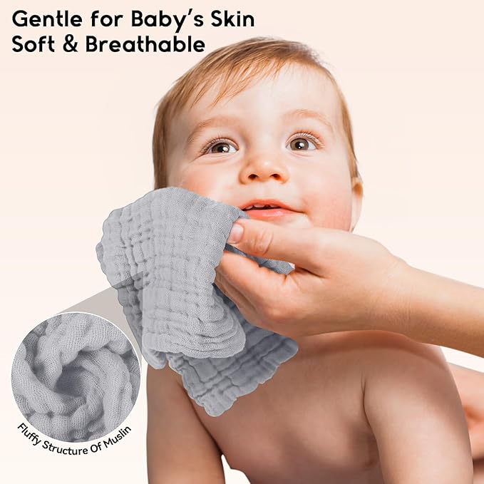 Muslin Baby Washcloths 6 Pack, 100% Cotton Wash Cloths for Babies, Large 12''X12'' Burp Cloths Absorbent and Soft for Newborn Infants Kids Boys Girls - Light Gray