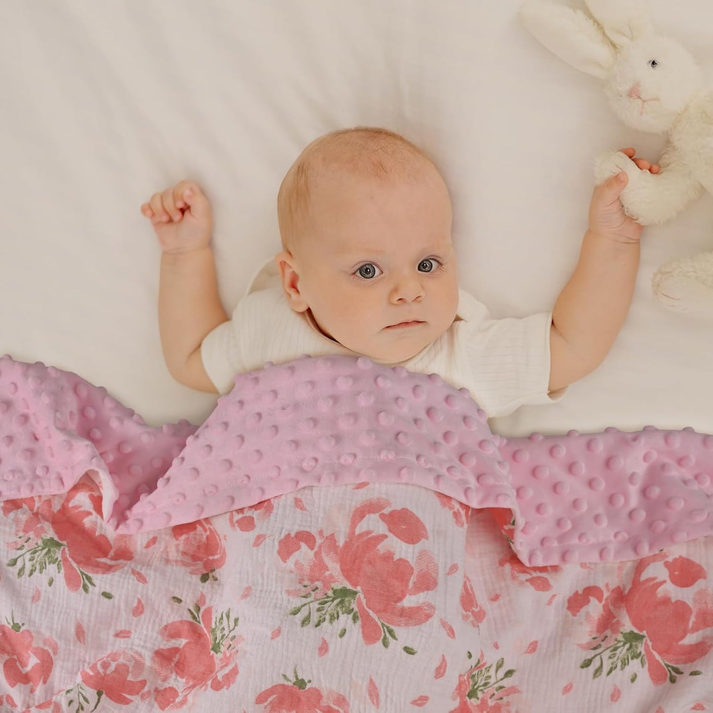 GLLQUEN BABY Blankets for Unisex Boys Girls, 2-Pack Muslin Cotton Front Soft and Breathable,and Dotted Fleece Backing, Printed Bed Nursery Minky Blankets for Newborn, Pink Flower,30 x40 inches