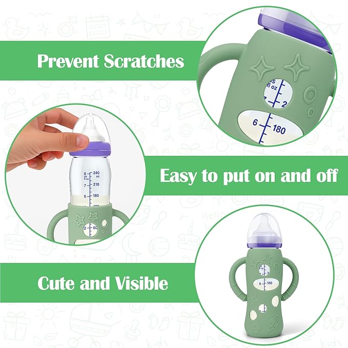 BUSOHA 3 Pack Silicone Sleeves for Lansinoh Glass Baby Bottles - Wide Neck Baby Bottles Sleeves for Lansinoh Bottles Baby Anti-Colic Bottles Holder with Handle Silicone Protector,8 oz