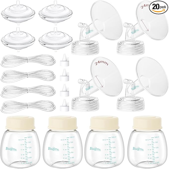 Breast Pump Parts Compatible with Spectra S1/S2/9 Plus, Not Original Accessories, 4 Set Replacements Include 24mm Flanges, Valves, Backflow Protectors (Duckbills Included), Tubings and Bottles
