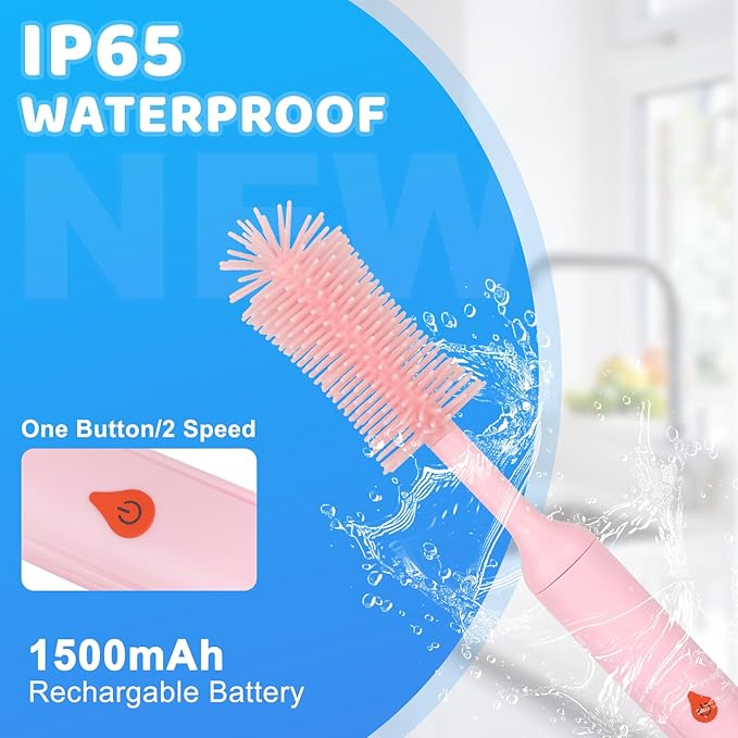 Electric Bottle Brush Cleaner, Bottle Brush Cleaner Baby with Nipple/Straw Cleaner Brush and Replaceable Silicone Bottle Brush, Waterproof Electric Bottle Cleaner, 2 Modes & 360° Rotation, Pink