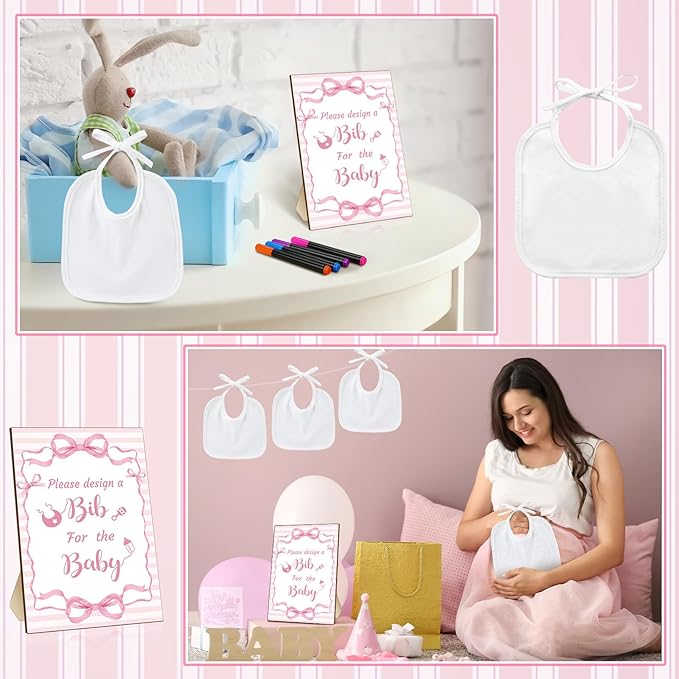 Newwiee 55 Pcs White Bibs for Baby Decorating Design a Bib Decorate Plain newborns Bibs Wooden Sign for Baby Shower Games Kit