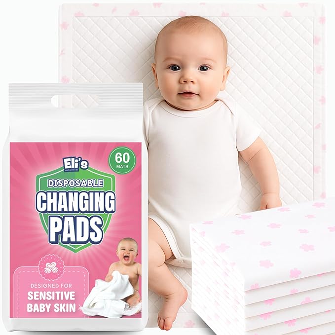 Eli with Love Disposable Baby Changing Pads - Soft, Waterproof & Leakproof Liners Absorbent Underpads - Large Travel Size Diaper Changing Mat for Home, Car, Diaper Bag - (60 Pack, Floral)