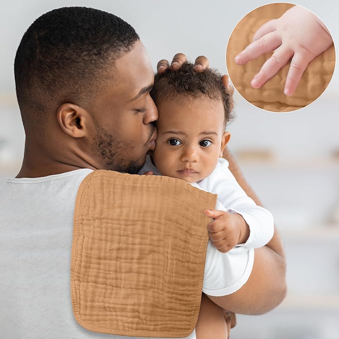 Yoofoss Muslin Burp Cloths for Baby 10 Pack 100% Organic Cotton Baby Washcloths for Boys Girls Large 20''X10'' Super Soft and Absorbent Gradient Brown