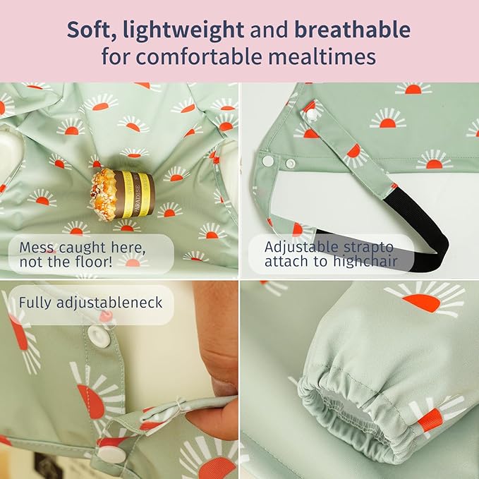 Long Sleeve Baby Bib - Mess-Proof Feeding Bibs for Babies - Adjustable, Waterproof, and Highchair/Table Attachment