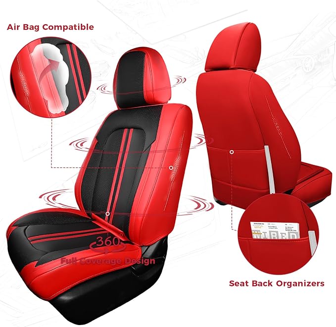 FREESOO Front Seats 2PCS Leather Car Seat Covers, Ultra Breathable Waterproof Seat Covers for Cars Trucks SUV, Carseat Protector Car Seat Cover Fit for Most Vehicles, Black Red