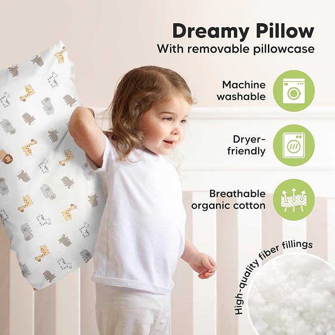 KeaBabies Toddler Pillow with Pillowcase, Jumbo 14X20 - Soft Organic Cotton Toddler Pillows for Sleeping - Machine Washable - Perfect for Travel, Toddler Bed Set (Safari Echo)