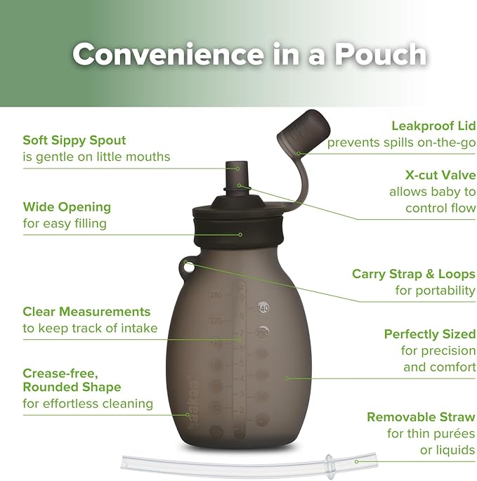haakaa Hippo Pouch – Reusable Pouches for Toddlers, Reusable Baby Food Pouches for Homemade Organic Purees, Juices, Smoothies, and Yogurt, 9oz, 4 Pack, (Grey)
