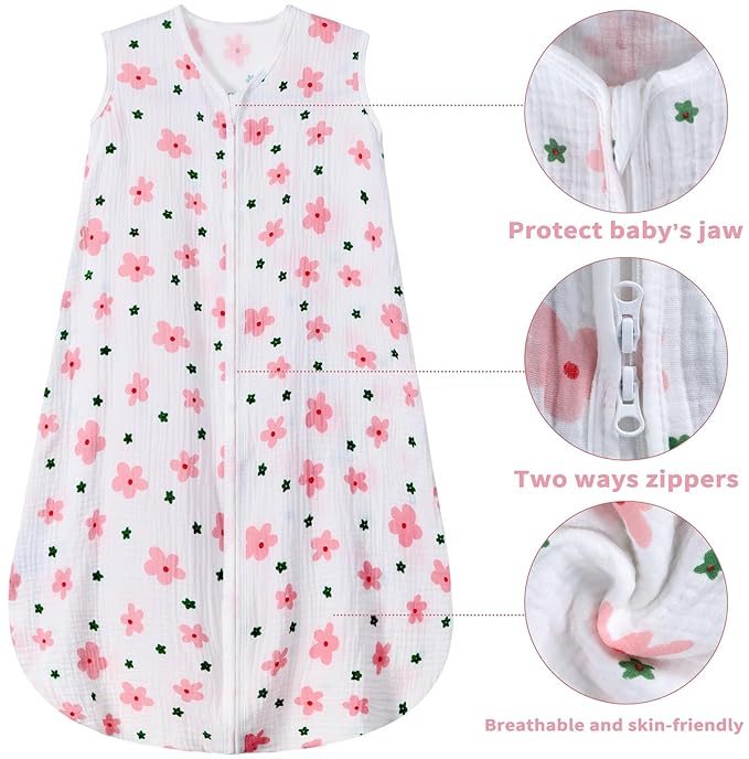 2 Pack Baby Sleep Sack 0-6 Months 100% Cotton Muslin Baby Sleeping Bag 2-Way Zipper Wearable Blankets (Flower & Cherry, Small)