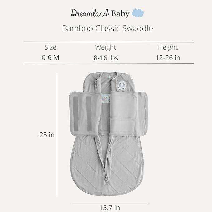 Dreamland Baby Bamboo Viscose Swaddle Sleep Sack (0-6 Months). 1.0 TOG Ultra Soft Swaddle Blanket w/Built in Band. 97% Viscose, 3% Spandex (Grey). Mom-Owned US Business, Premium Materials