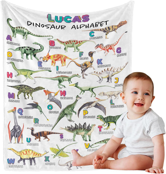 Personalized Dinasour Name Baby Blanket, Custom Cute Alphabet Name Blanket Toddler Boy Soft Flannne Swaddling Blankets Customized Monogram Memorial Gift from Nana for Infant Newborn Shower