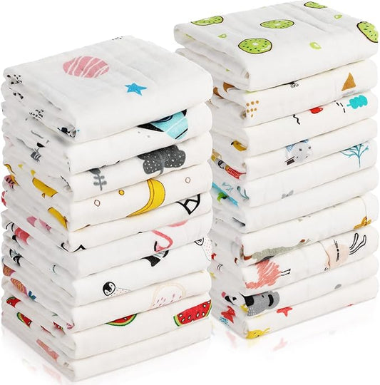 Chumia 20 Pack Muslin Baby Burp Cloths Large 20 x 10 Inches Cotton Baby Burp Rags Towel and Washcloths Face Towels 6 Layers Super Absorbent for Infant Shower,20 Styles