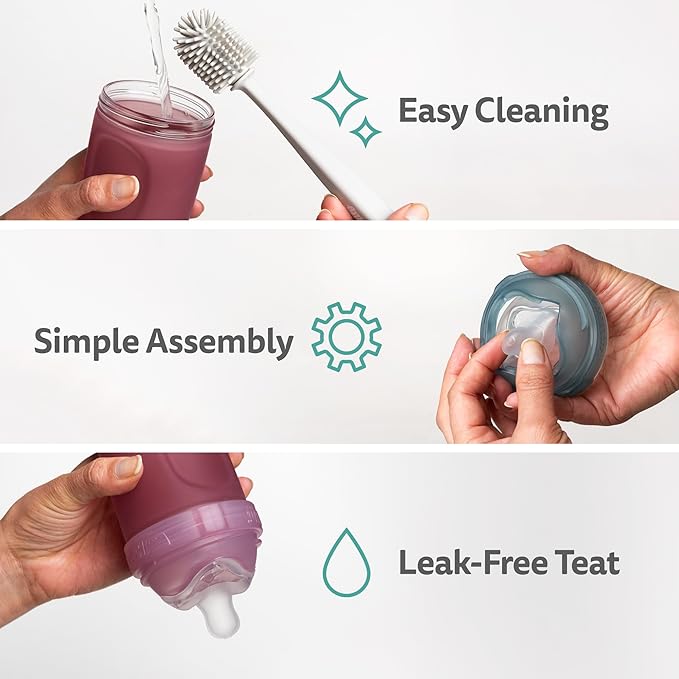 Herobility Glass Baby Bottle - 7.8 fl oz/220 ml - 3 Pack | Heat Sensing Color-Changing Bottle with Double Anti-Colic Nipple - Silicone Coating - Breastlike Nipples for Newborn Babies - Teal Color