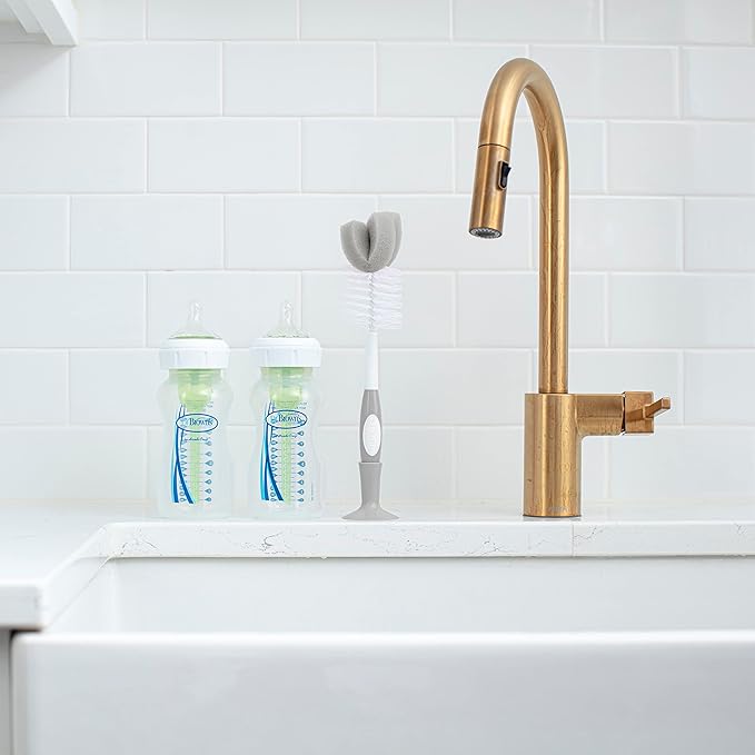 Dr. Brown's Reusable Sponge Baby Bottle Cleaning Brush Set with Suction Cup Stand, Scrubber and Nipple Cleaner, Gray, 3 Pack