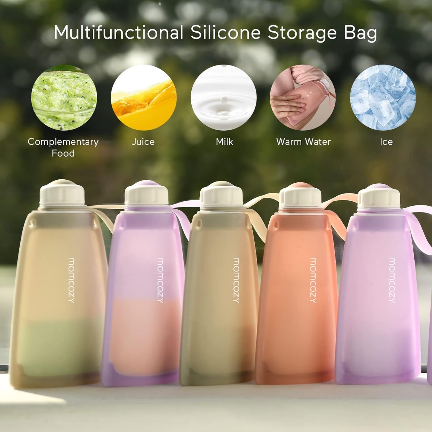 Momcozy Silicone Milk Storage Bags, Reusable Breastmilk Bags for Breastfeeding, 8.5oz/250ml Breast Milk Saver, Leakproof Milk Freezer Storing Pouches, BPA Free (Bean Paste Color, 5pcs)