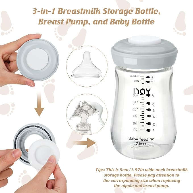 Glass Breastmilk Storage Bottles, 8oz Wide Neck Breast Milk Containers, BPA-Free, Lead-Free, Fits Breast Pumps and Nipples, 4 Pack