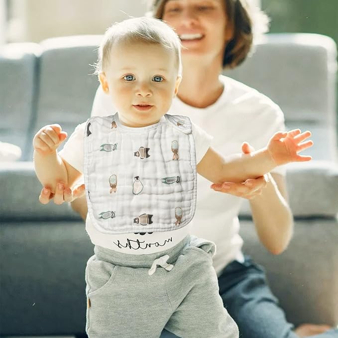 Zainpe 6Pcs Snap Muslin Cotton Bibs for Baby Bear Fox Deer Dog Bib Adjustable Machine Washable Burp Cloths with 6 Absorbent Soft Layers for Unisex Infant Newborn Toddler Drooling Feeding Teething