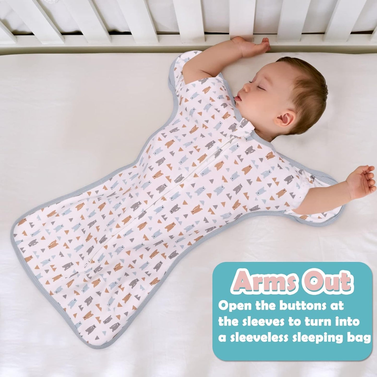 2 Pack Transition Swaddle with 2 Way Zipper, 2 in 1 Arms in/Out Transitional Arms Up Swaddle, 100% Cotton Newborn Swaddles Zipper Swaddles Baby Swaddling Sack Sleeping Sack 3-6 Months, Dinosaur & Bear