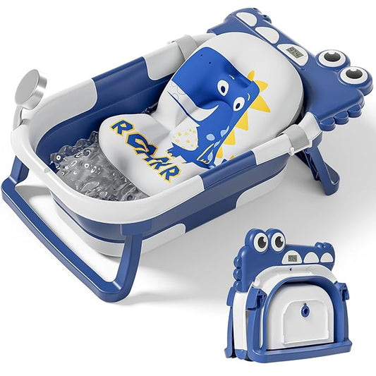 TPN Collapsible Baby Bathtub, Baby Bath Tub with Soft Cushion & Real-Time Thermometer, Baby Bathtub Infant to Toddler Tub (0-36 Months), Portable Travel Baby Tubs for Newborns (Navy Blue)