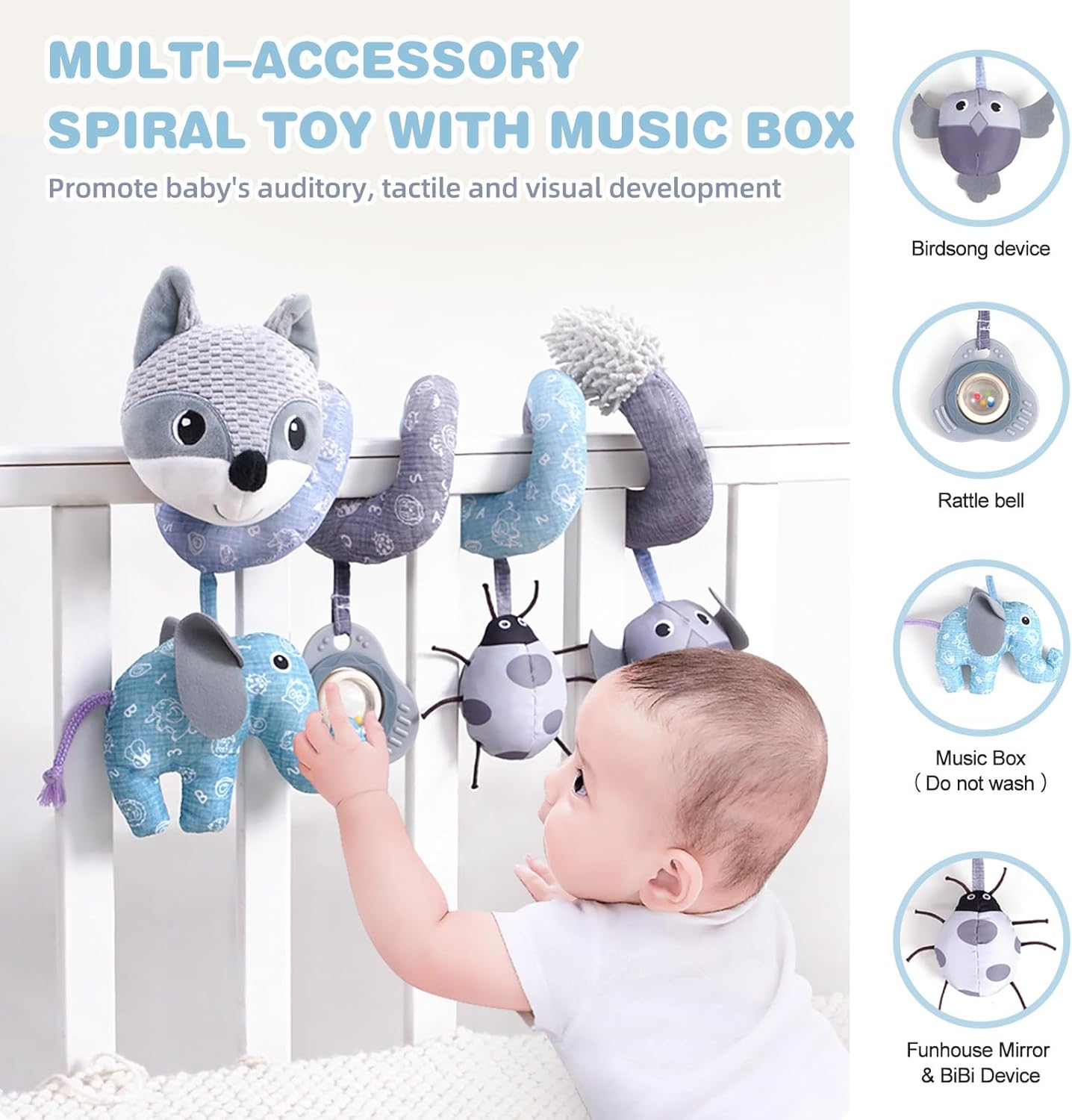 Jollybaby Baby Car Seat Stroller Toys, Plush Activity Hanging Spiral Activity Pram Crib with Music Box, Rattles, Squeaker for Babies Infant Boys Girls(Grey Fox)