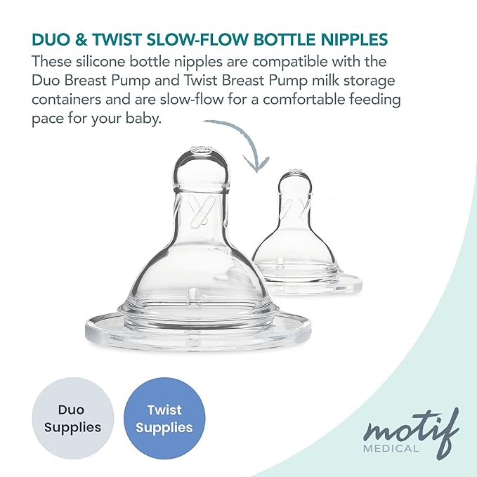 Motif Medical Replacement Slow Flow Nipples for Duo Baby Bottle - Dishwasher-Safe, Silicone Newborn Bottle Nipples - Baby Bottle Nipples for Comfortable Feeding (2 Nipples Included)