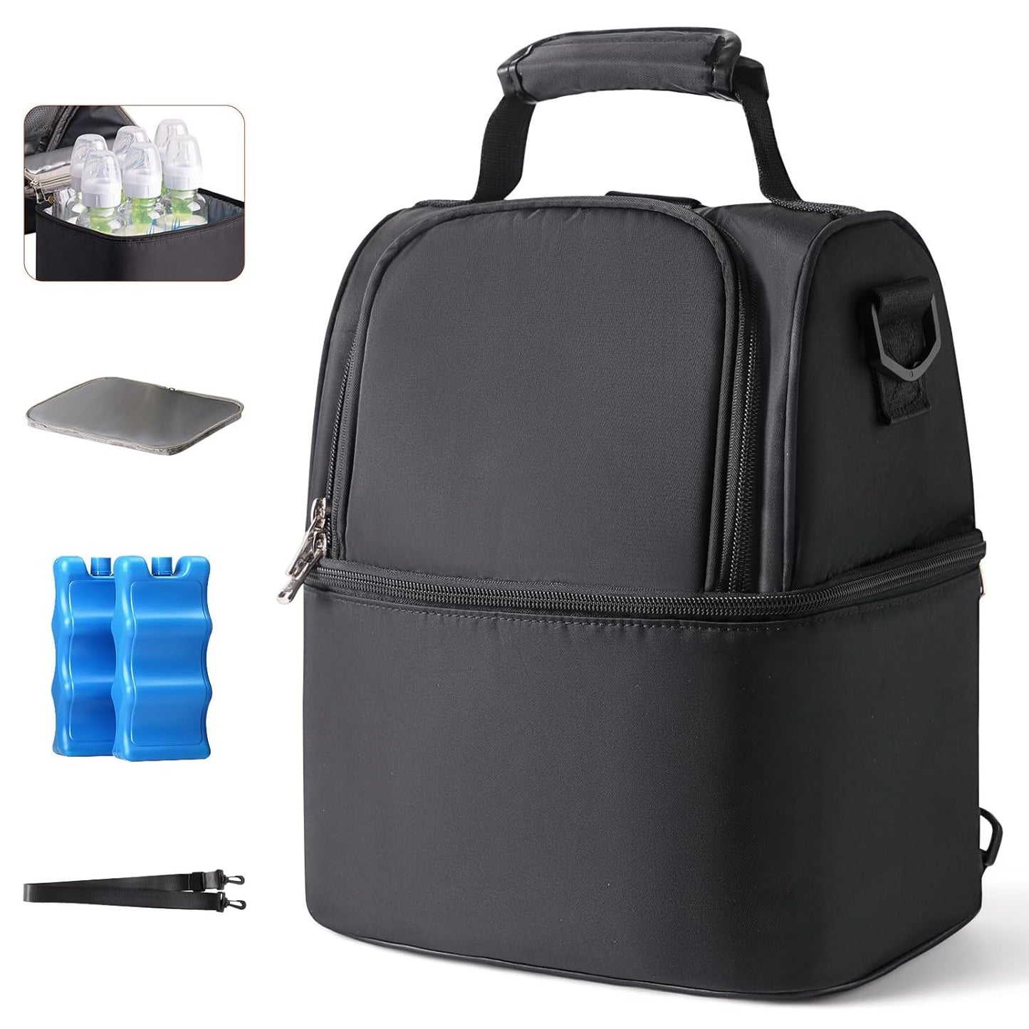 NCVI Breastmilk Cooler Bag with 2 Ice Pack, Breast Pump Bag with Cooler Fits 6 Bottles, Double Layer Breast Milk Cooler Travel Bag Baby Bottle, for Travel, Nursing Mom Daycare, Work, Picnic (Black)