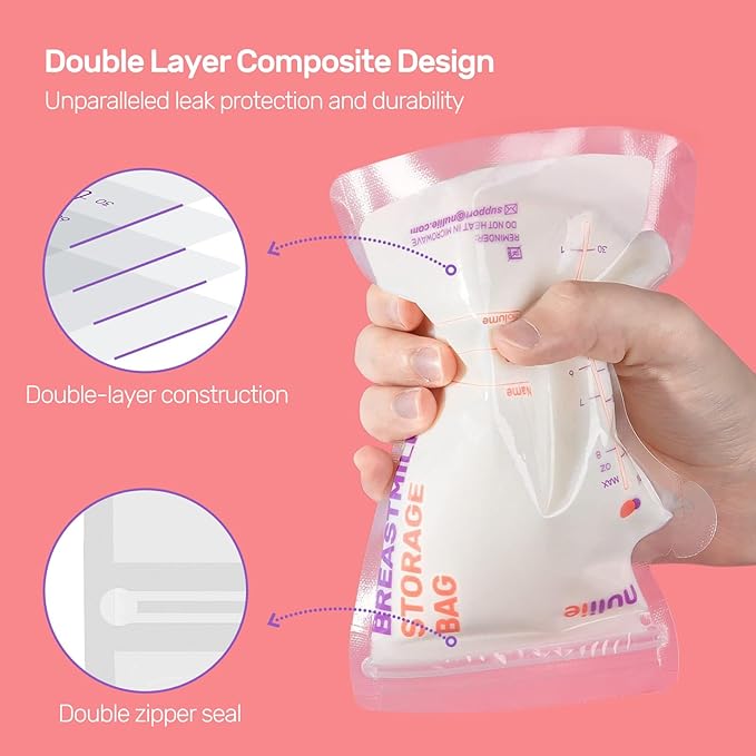 Nuliie 300 Pcs Breastmilk Storage Bags, 8 OZ Breast Milk Storing Bags, BPA-Free, Milk Storage Bags with Pour Spout for Breastfeeding, Self-Standing Bag, Space Saving Flat Profile