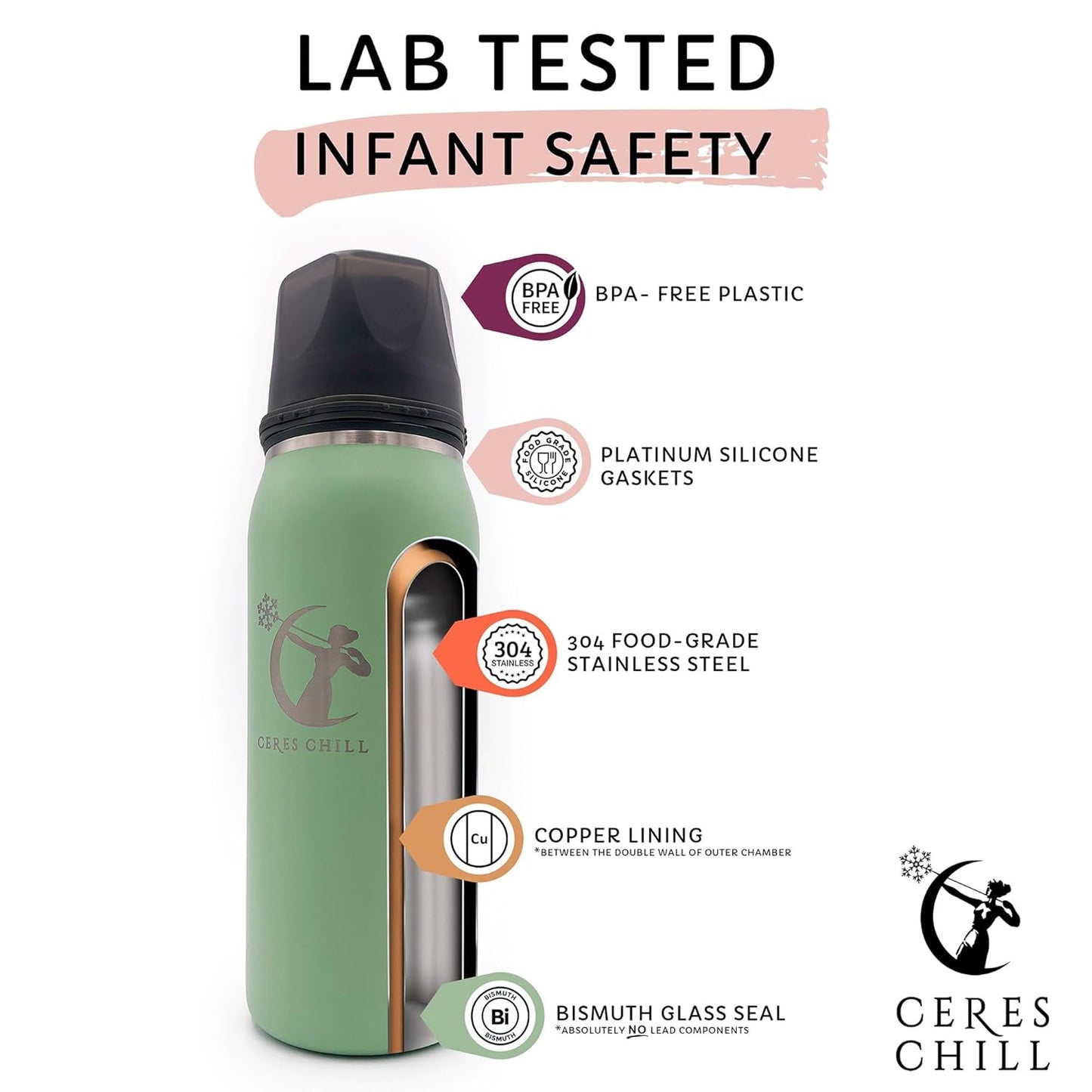 CERES CHILL OG Breastmilk Chiller, Reusable Storage Container, Up to 34 oz. - Bottle Cooler Keeps Milk at Safe Temperatures for Up to 20 Hours, Connects w/Most Pumps (Zen Green)