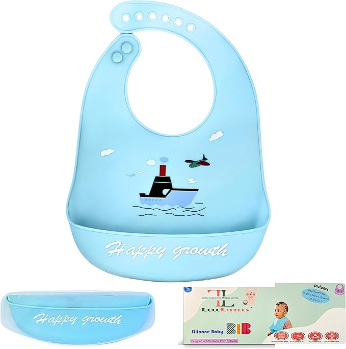 Silicone Baby Bibs Unisex, Self-Feeding, Catch-all Large Pocket, 6-48 months, BPA-Phthalate Free, w/Travel Case