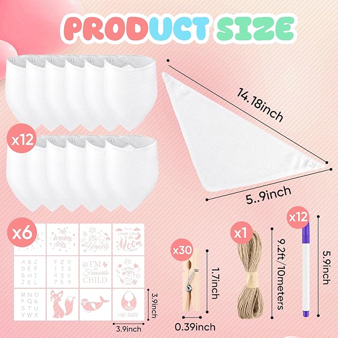 NACHLYNN 67 Pcs White Baby Bibs Baby Shower Games Set Including 12 Blank Baby Bibs 12 Stencils 30 Clothespins 12 Fabric Markers 1 Hemp Rope for Boys Girls Gender Reveal Party