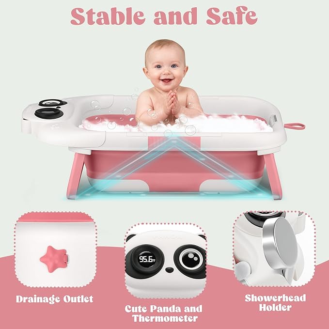 Foldable Baby Bathtub, Lightweight Bathtub for Infants to Toddlers with Soft Cushion & Thermometer, Portable Baby Tub Newborn to Toddler 0-24 Months(Pink)