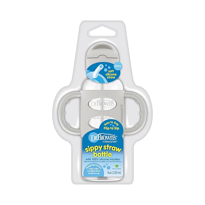 Dr. Brown's Milestones Narrow Sippy Straw Bottle, Spill-Proof with 100% Silicone Handles and Weighted Straw, 8 oz/250 mL, Gray, 6m+
