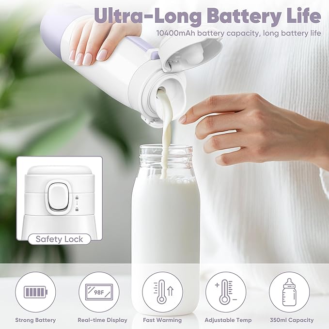 Portable Bottle Warmer for Travel,Portable Milk Warmer for Baby-12oz Ceramic Heater Heating,Fast Charging & Cordless Portable Baby Bottle Warmer -Dual Heating Modes for Breast Milk & Water,Purple