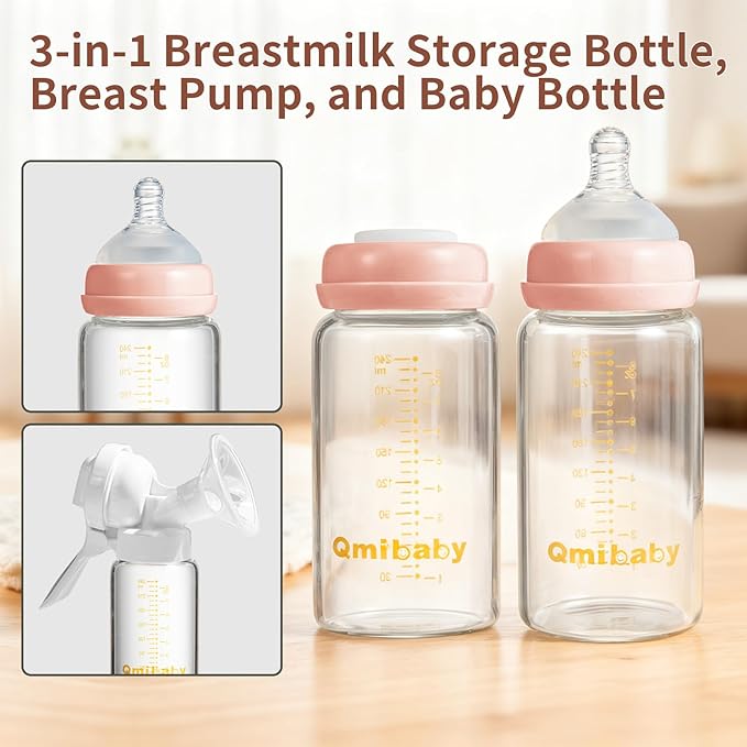 Breast Milk Storage Bottles 240ml 8oz BPA-Free Leak-Proof Natural Baby Bottle for Breastmilk Storage Wide Neck Bottles with Screw Ring Sealing Disk Breastfeeding (Grey+Pink, 240ml-4Packs)