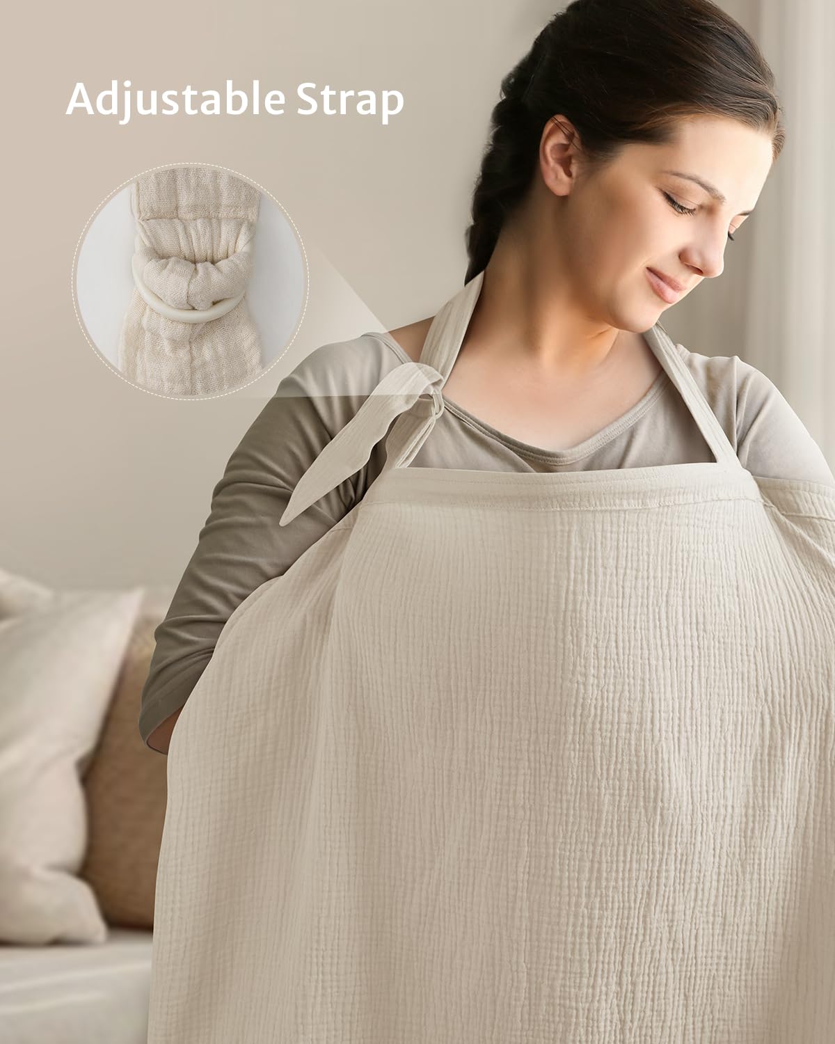 Blissful Diary Muslin Nursing Cover for Breastfeeding, Breathable Breastfeeding Cover up with Arch Neckline for Women, Nursing Apron (Cream)