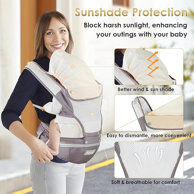 Baby Carrier Newborn to Toddler, Lightweight Ergonomic Baby Hip Seat Carrier Up to 33lbs, Adjustable Extended Waistband Infant Carrier with Breathable Sunshield, Light Grey
