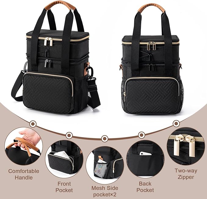 Breastmilk Cooler Bag with Ice Pack Fits 6 Baby Bottles Up to 9 Ounce, Expandable Double-layer Leak-Proof Cooler Bag with Shoulder Strap for Nursing & Working Mom, Black