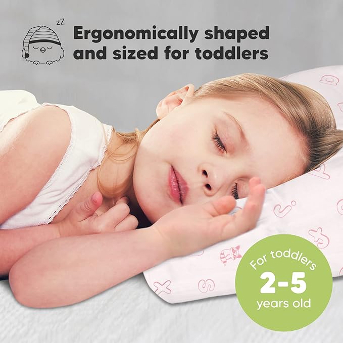 Toddler Pillow with Pillowcase - 13x18 My Little Dreamy Kids Travel Bed Pillows for Sleeping, Organic Cotton Small Pillowcase, Soft & Breathable, Machine Washable, Toddlers 2-5 (ABC Land Rose)