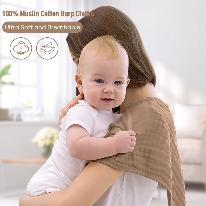 Yoofoss Muslin Burp Cloths for Baby 10 Pack 100% Cotton Baby Washcloths for Boys Girls Large 20''X10'' Super Soft and Gradient Coffee