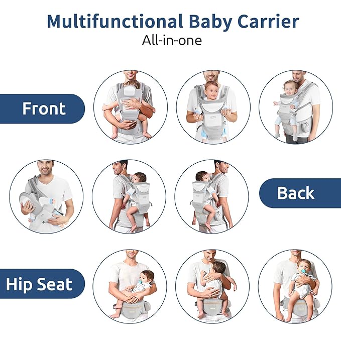 Baby Carrier with Hip Seat,Ergonomic M Position 6in1 Baby Carrier Newborn to Toddler,Head Support and Breathable Mesh Newborn Carrier,Adjustable Baby Holder Carrier for Dad&Mom-Grey