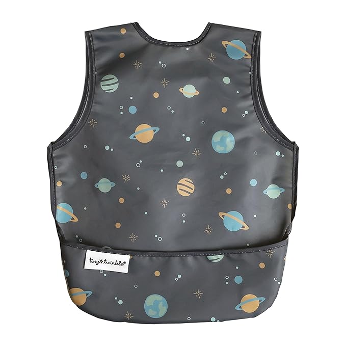 Tiny Twinkle Short Sleeve Apron Baby & Toddler Bib for Boys – Waterproof, Mess-Proof Bibs for Eating & Feeding, Machine Washable, Perfect Holiday Gift (Space, 6–24M)