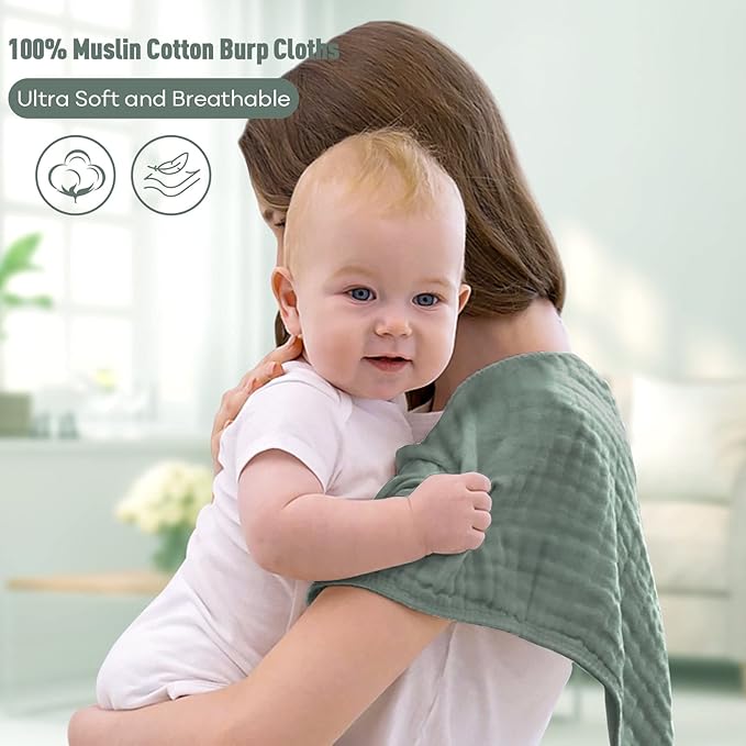 Yoofoss Muslin Burp Cloths for Baby 10 Pack 100% Organic Cotton Baby Washcloths for Boys Girls Large 20''X10'' Super Soft and Absorbent Dark Green