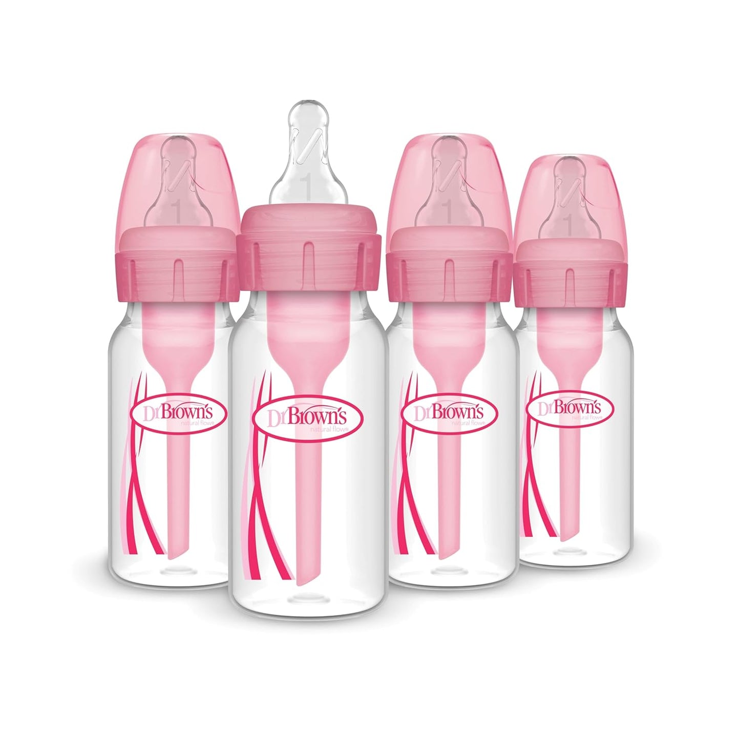 Dr. Brown's Natural Flow Anti-Colic Options+ Narrow Baby Bottle, 4 oz/120 mL, with Level 1 Slow Flow Nipple, Pink, 0m+, 4 Pack
