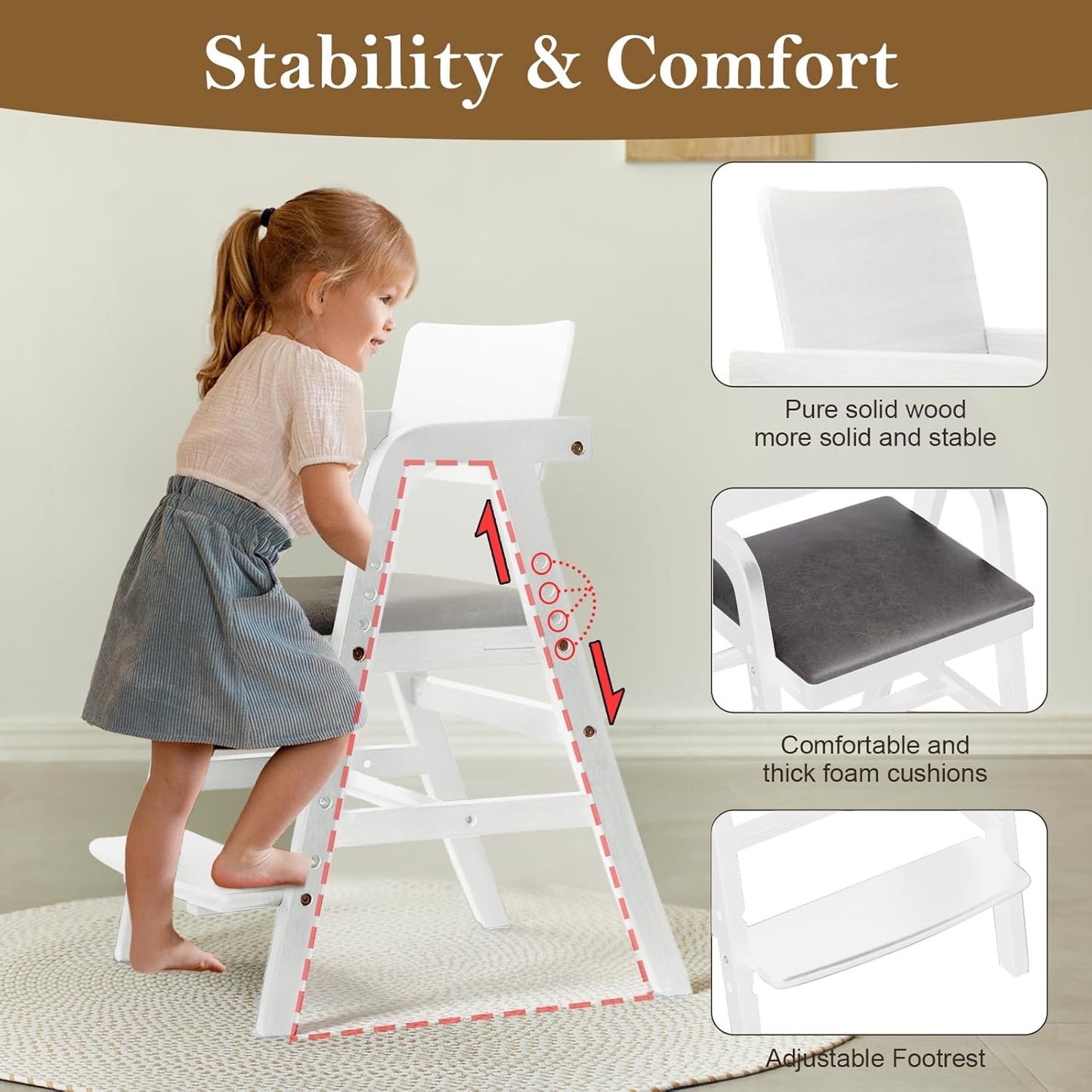 Solid Wood High Chair for Toddlers to Teens, Adjustable Height Toddler Dining Chair, Easy to Clean Toddler Highchair with Removable PU Cushion for Dining, Studying, Step Tool, White
