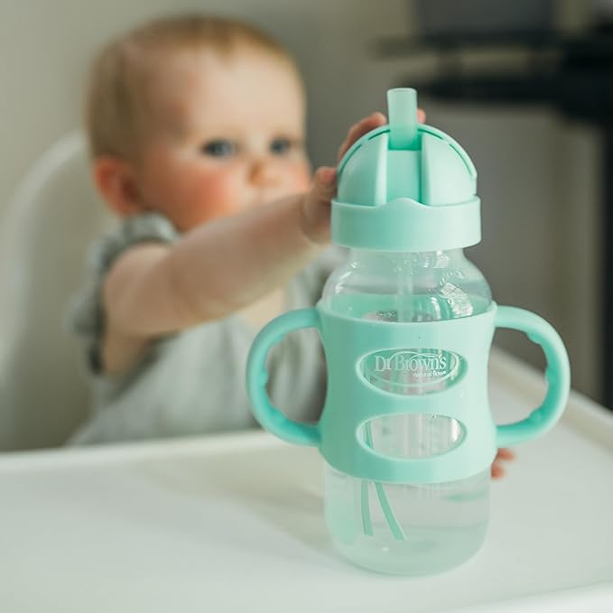 Dr. Brown's Milestones Wide-Neck Sippy Straw Bottle with 100% Silicone Handles and Weighted Straw, 9 oz/270 mL, Green, 6m+