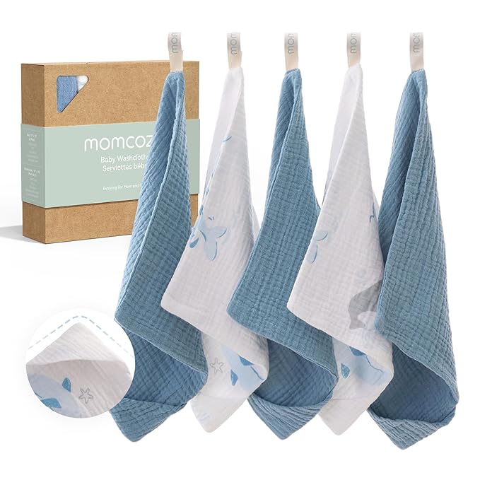 Momcozy Baby Washcloths - 4 Layer Design| Medium Thickness| Soft & Absorbent| Premium Cotton for Newborns' Skin-Great for Bathing, Wiping & on-the-go Use, Shower Gift and Essential(5 Pack, 10x10 inch)