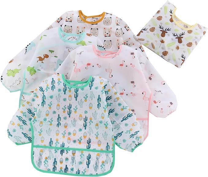 5 Pcs Long Sleeved Baby Toddler Bibs Waterproof Sleeved Bib 3-24 Months