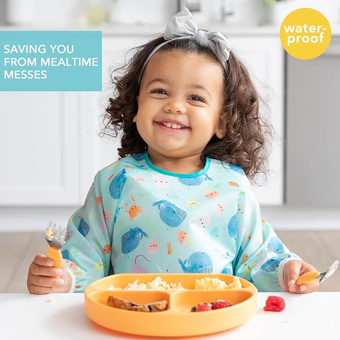 Bumkins - Sleeved Bib - For Boys & Girls, Babies & Toddlers 6-24 Months - Lightweight, Durable, Waterproof - Long Sleeve Bib - Catch-All Pocket - Wipeable & Machine Washable - Jungle & Ocean - 2 Pack