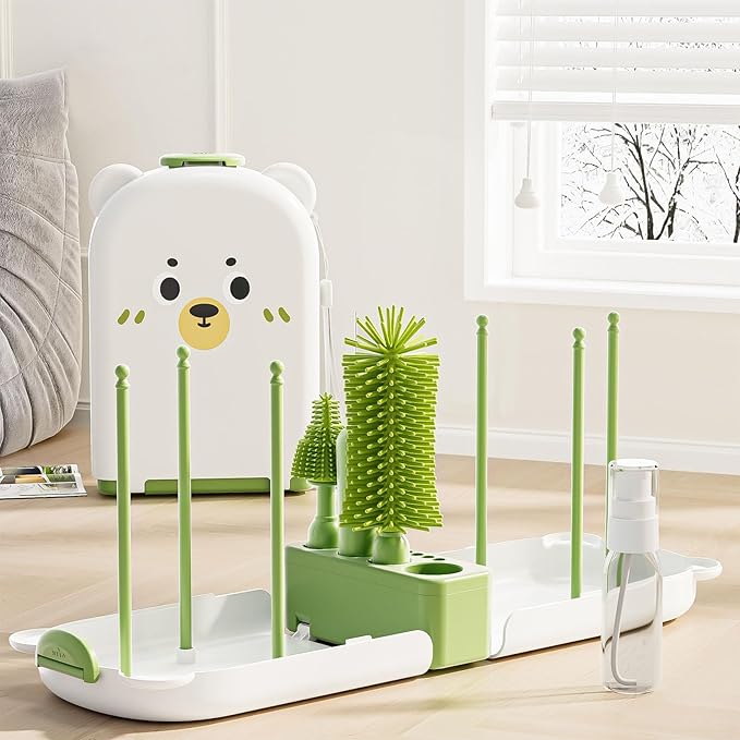 Travel Baby Bottle Cleaner Kit with Storage Case – 6-in-1 Compact Bottle Brush Set for Infant Feeding, Breast Pump Parts & On-The-Go Washing – Baby Travel Essentials for Flying (Green)